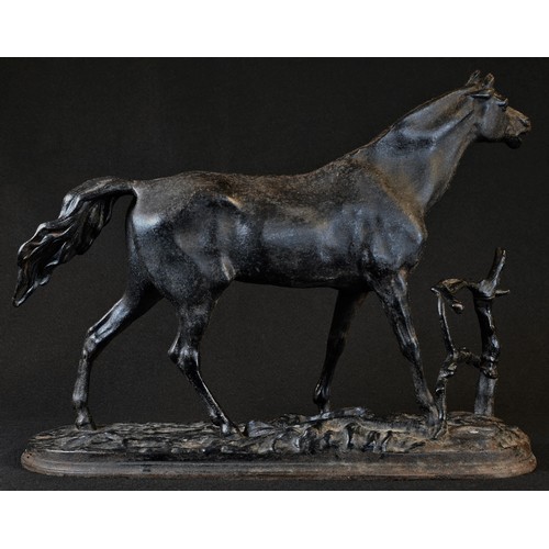 5415 - Continental School (early 20th century), cast iron, a thoroughbred horse beside a fence, oval base, ... 