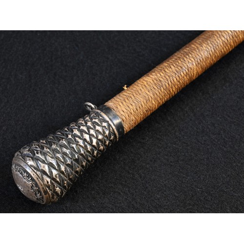 5063 - A 19th century silver coloured metal mounted riding crop, domed pommel with 'pine cone' texture, wov... 