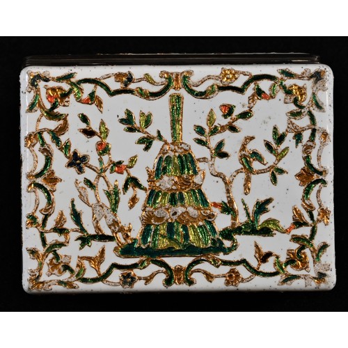 5294 - An 18th century enamel rectangular table snuff box, decorated in gilt and coloured foils with birds ... 