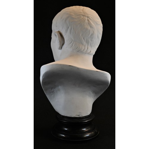 5147 - A Grand Tour type plaster library bust, of a Roman gentleman, ebonised plinth, 49cm high