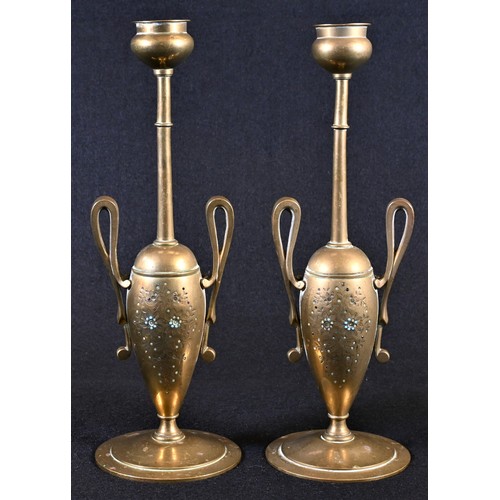 5206 - A pair of 19th century Grecian Revival gilt bronze candlesticks, lofty sconces, loop handles, engrav... 