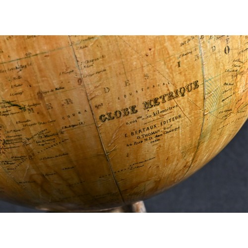 5263 - A  19th century French terrestrial globe, Globe Metrique, by Emile Bertaux, Paris, brass meridian gl... 