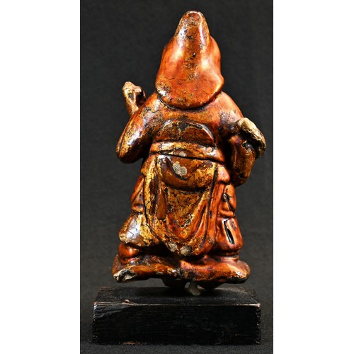 5094 - A Chinese cast and lacquered figure, of an immortal, 17.5cm high, collector's display plinth