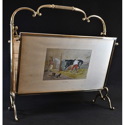 5387 - An unusual French polished brass articulated drawing room periodical rack, the folio stands folding ... 