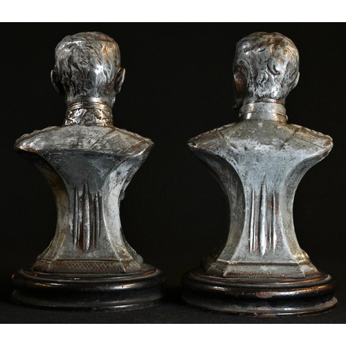 5502 - World War I - a pair of spelter patriotic desk busts, Lord Roberts and Lord Kitchener, circular ebon... 