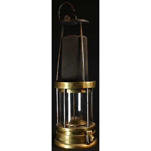 5409 - Coal Mining Interest - a large 19th century steel and brass miner's shaft lamp, by Davis, Derby, pie... 