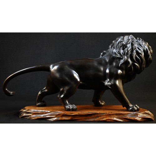 5441 - Japanese School (Meiji period), a dark patinated bronze, of a lion, prowling, 47cm long,hardwood sta... 