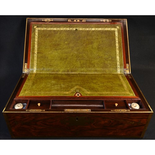 5246 - A Regency rosewood and brass marquetry campaign writing box, hinged cover enclosing a lockable slope... 