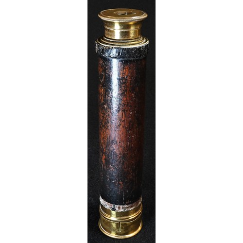 5700 - A 19th century lacquered brass four-drawer telescope, of typical form, wooden grip, principal lens w... 