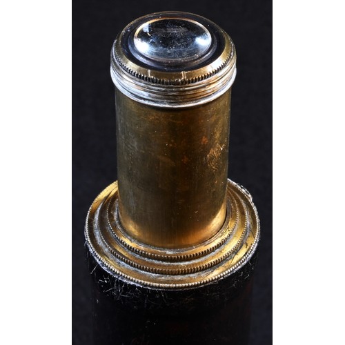 5700 - A 19th century lacquered brass four-drawer telescope, of typical form, wooden grip, principal lens w... 