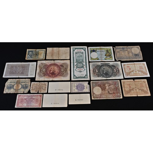 5686 - Banknotes, World, early to mid 20th century, comprising Belgium 5Fr poor; Ceylon 5 Rupees, 1941, 50c... 