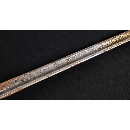 5616 - A George V 1897 pattern officer's sword, 83.5cm straight fullered blade named to R A Barker, etched ... 