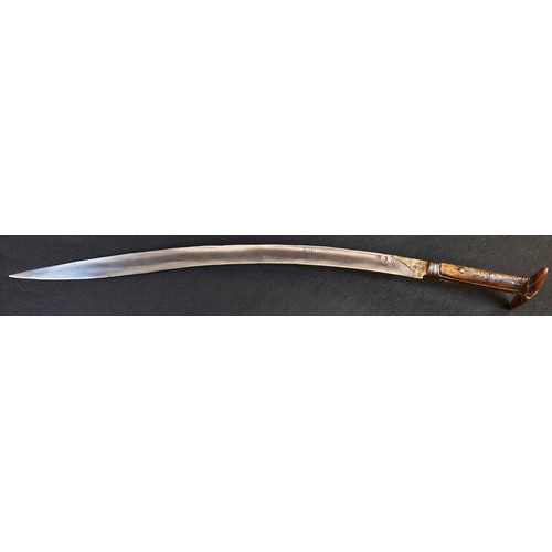 5622 - A Sihnalese sword or long knife, 54cm curved single-edged blade with armourer's mark, T-shaped two-p... 