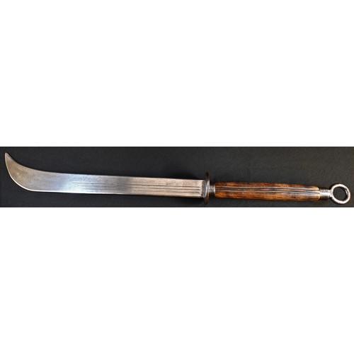 5635 - An Eastern sword, 49cm curved fullered blade, plain iron 'tsuba' guard, fluted wooden grip, ring pom... 