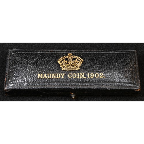 5689 - Coins, Edward VII, 1902, silver Maundy Set: 4d-1d, contemporary black morocco rectangular presentati... 