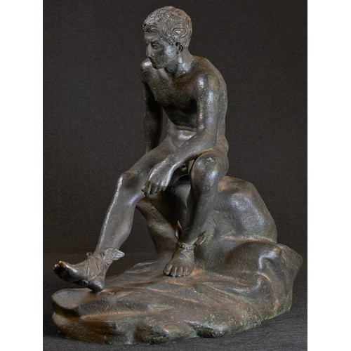 5508 - Italian Grand Tour School (19th century), a verdigris patinated bronze, Seated Hermes, after the Ant... 