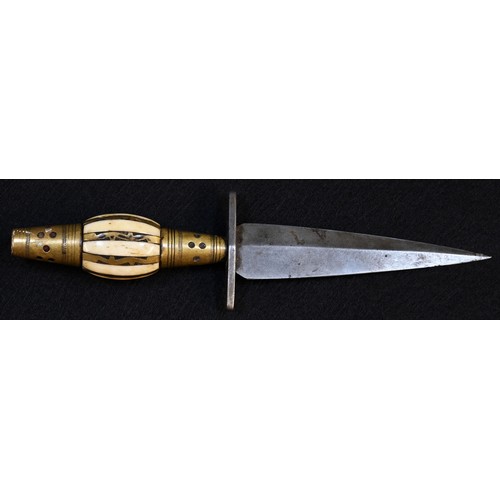 5604 - A 19th century dagger, 9cm pointed double-edged blade, barrel-shaped hilt with bone inlaid grip, 16c... 