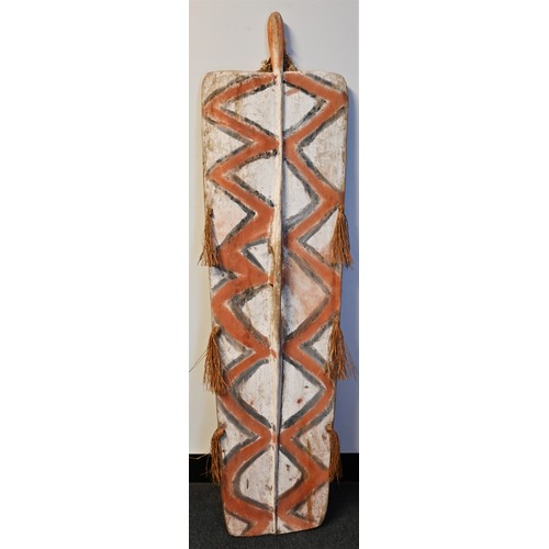 5769 - Tribal Art - an Asmat wooden shield, carved and painted in black, white and earth pigments with geom... 