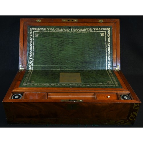 5526 - A post-Regency mahogany and brass marquetry rectangular writing box, inlaid throughout with borders ... 