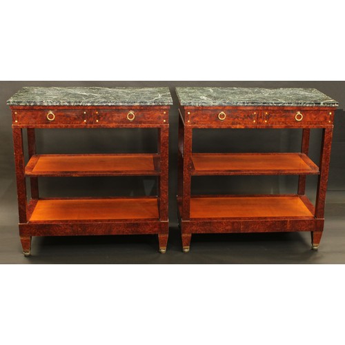 1522 - A pair of Empire design burr walnut and mahogany pier cabinets, each with verde antico marble top ab... 