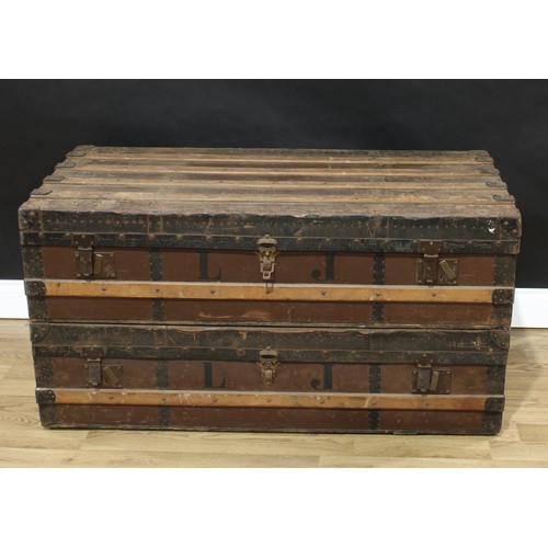 1508 - A pair of 19th century metal-clad rectangular travelling trunks, hinged covers, 30cm high, 116cm wid... 