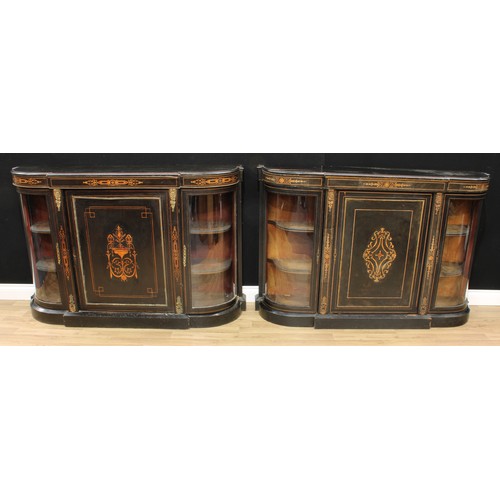 1503 - A near pair of Victorian ebonised and marquetry credenzas, each with moulded top above a rectangular... 