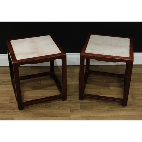 1516 - A pair of Chinese hardwood jardinière stands, square tops with inset soapstone panels, 43cm high, 39... 