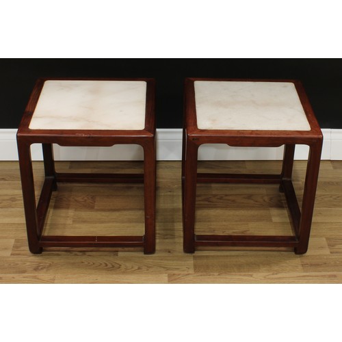 1516 - A pair of Chinese hardwood jardinière stands, square tops with inset soapstone panels, 43cm high, 39... 