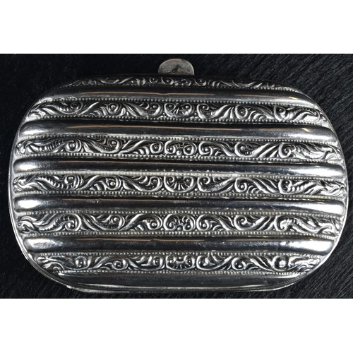 70 - A 19th century silver coloured metal rounded rectangular purse, fluted and chased with bands of leaf... 