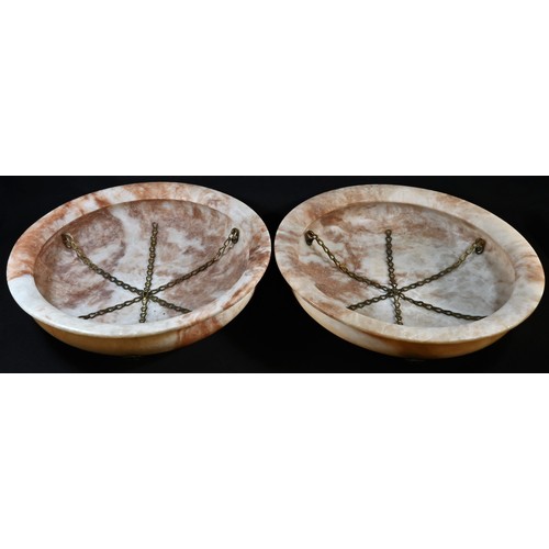 1510 - A pair of Art Deco period alabaster circular plafoniere light shades, 45.5cm diameter, c.1935