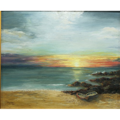 47 - P N Ellis, A Coastal Sunset, signed, dated 1975, oil on canvas, 49cm x 60cm; another, Summer Harvest... 