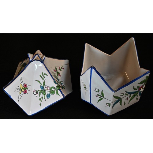 73 - A 19th century French faience octagonal sugar box, painted in the Japonesque taste with butterflies ... 