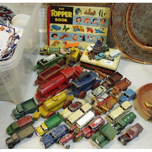 101 - Corgi, Dinky and other cars, play worn; wooden train set; etc