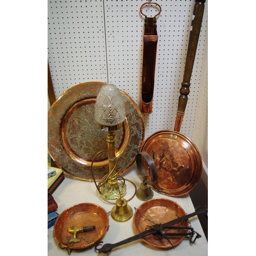 102 - Metal Ware - a 19th century copper warming pan;  a brass and cut glass side light;  a set of balance... 