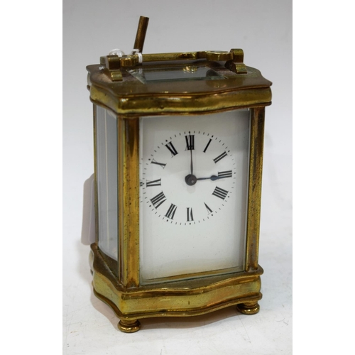 17 - A French lacquered brass five glass carriage clock, rectangular white enamel dial, Roman numerals, s... 