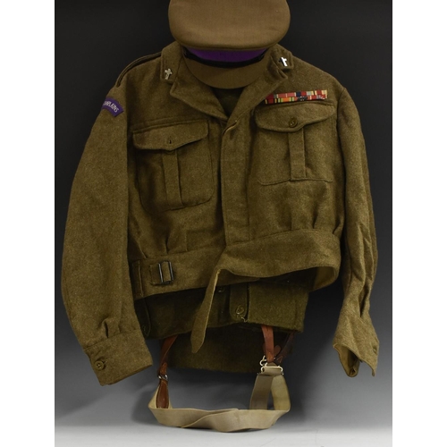 3071 - Uniform - a British Army Chaplain's Department battledress blouse, trousers, cap and bible, the tuni... 