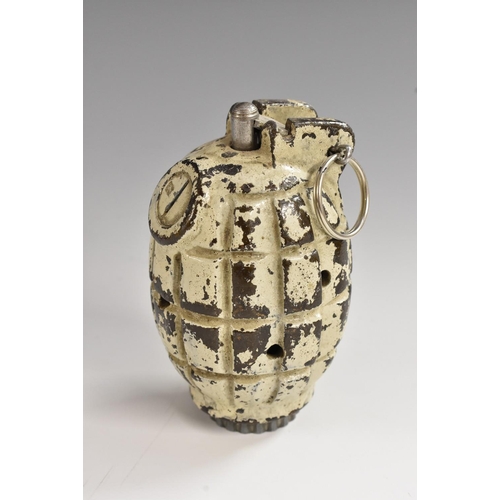 3079 - World War II - an inert No 36 Practice Grenade, the white painted body with holes, complete with lev... 