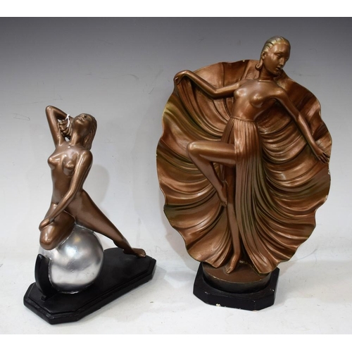 29 - An Art Deco bronze coloured painted chalk figure, of a topless dancing girl, knee up with fan tail s... 