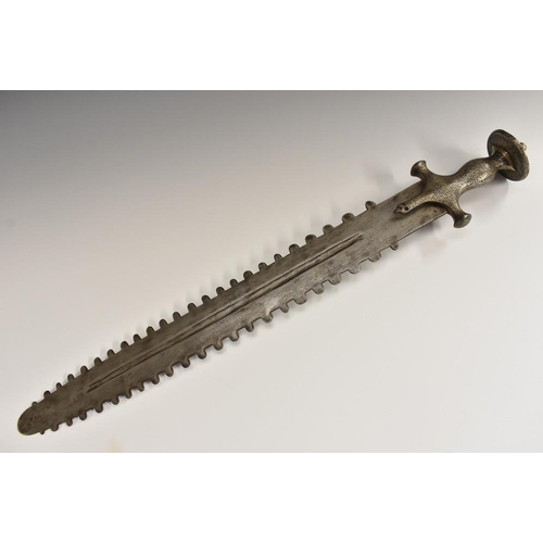 3239 - An Indian short patus, 48cm wootz steel straight fullered blade with graduated serrations, the bidri... 