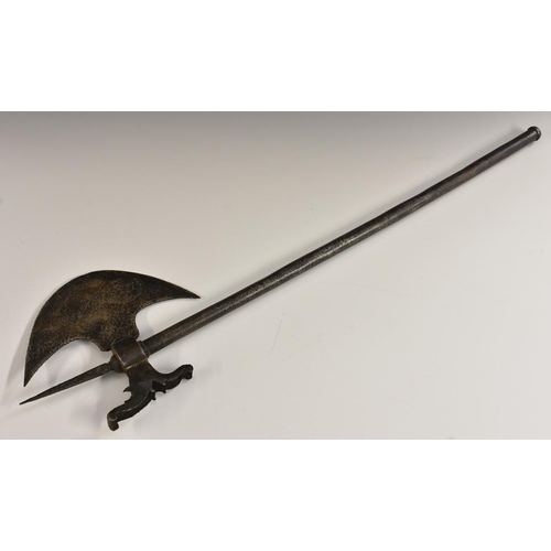 3245 - An Indian tabar battle axe, 23cm crescent shaped plade, spiked finial, tubular shaft, 79cm long