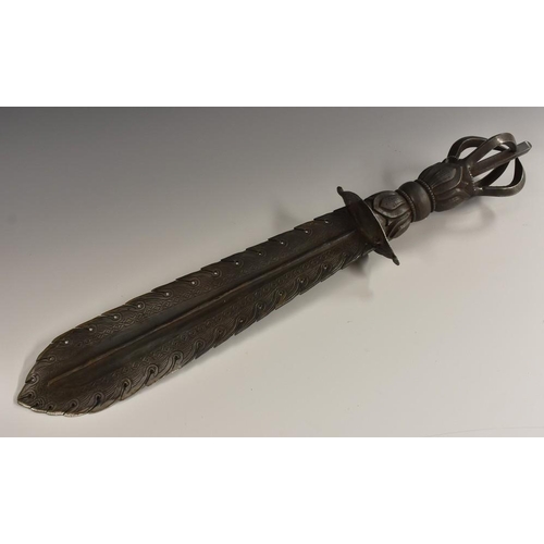 3246 - An Indian temple sword, 33cm 'flaming' blade, lotus hilt with 'phurbu' pommel, 52.5cm long overall