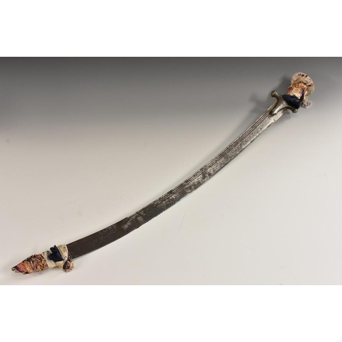 3263 - An Indian tulwar, 81cm curved fullered blade, iron hilt with disc pommel, 94cm long, 19th century