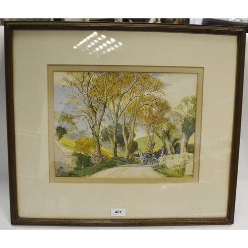 401 - Aeta J. Jardine A Dorset Road watercolour, signed, framed