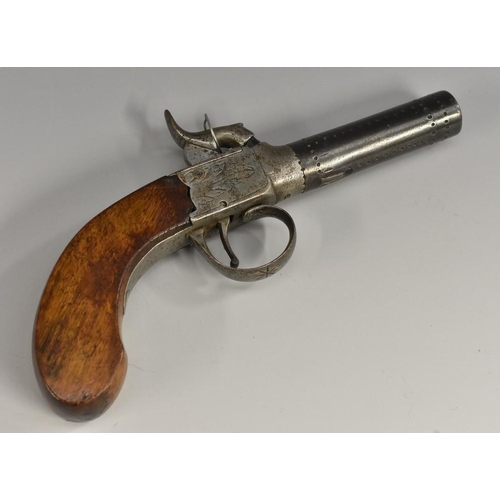 3279 - A 19th century percussion pocket pistol, 6.75cm screw-off barrel, engraved to the lockplates with st... 