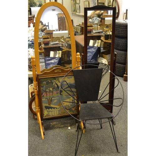 433 - A pine cheval mirror; another; an oak framed woolwork fire screen; a wire work chair; etc (7)