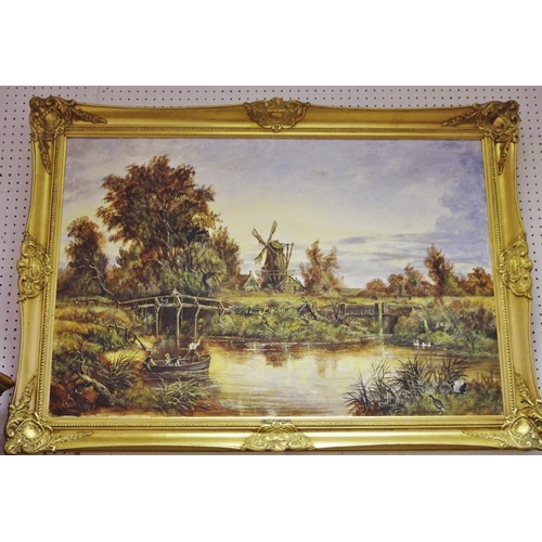 437 - Interior Design - a large contemporary gilt framed bevel edged mirror; an oil on canvas, Norfolk Est... 