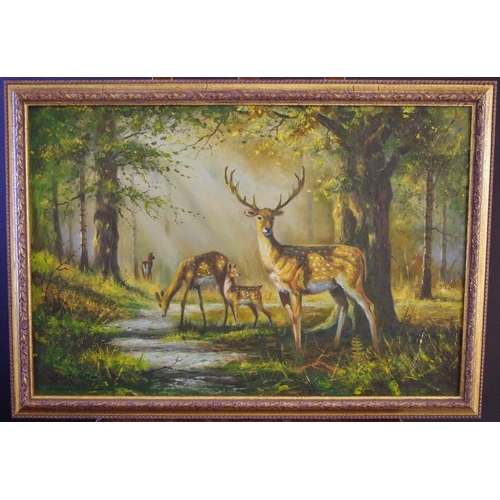 448 - John Trickett Deer in a Glade signed, oil on board, 51cm x 7cm