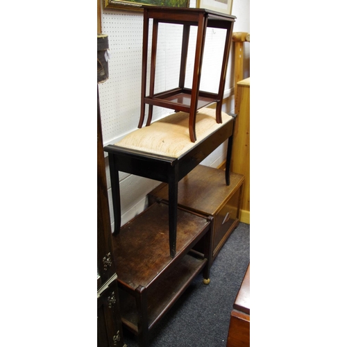 449 - An ebonised duet stool; a mahogany nest of two tables; a 1940's oak log bin; a 1940's oak tea trolle... 