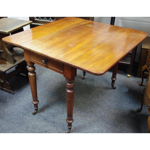 450 - A Victorian mahogany Pembroke table, single drawer to frieze, tapering turned legs, ceramic casters.