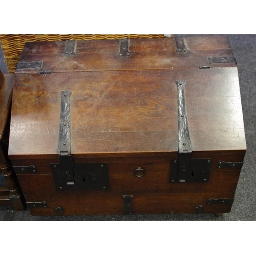 459 - An iron bound oak log box, sloping front, period fitting, later timbers.